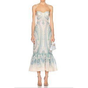 Zimmermann blue floral print silk slip dress with off-the-shoulder and fishtail
